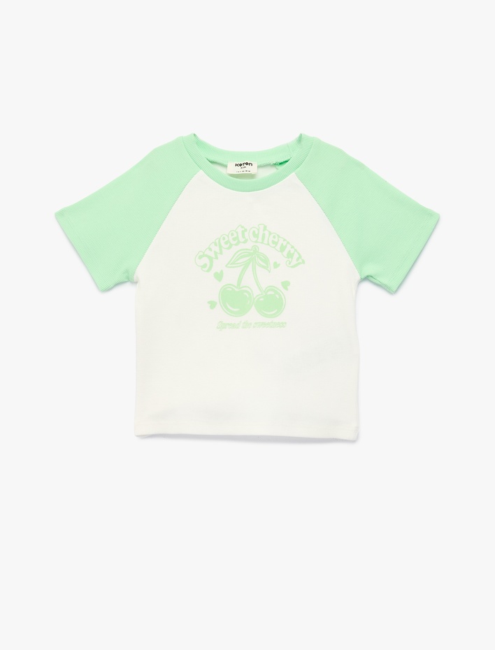 Kız Çocuk Pamuklu Kısa Kollu Bisiklet Yaka Kiraz Baskılı Tişört