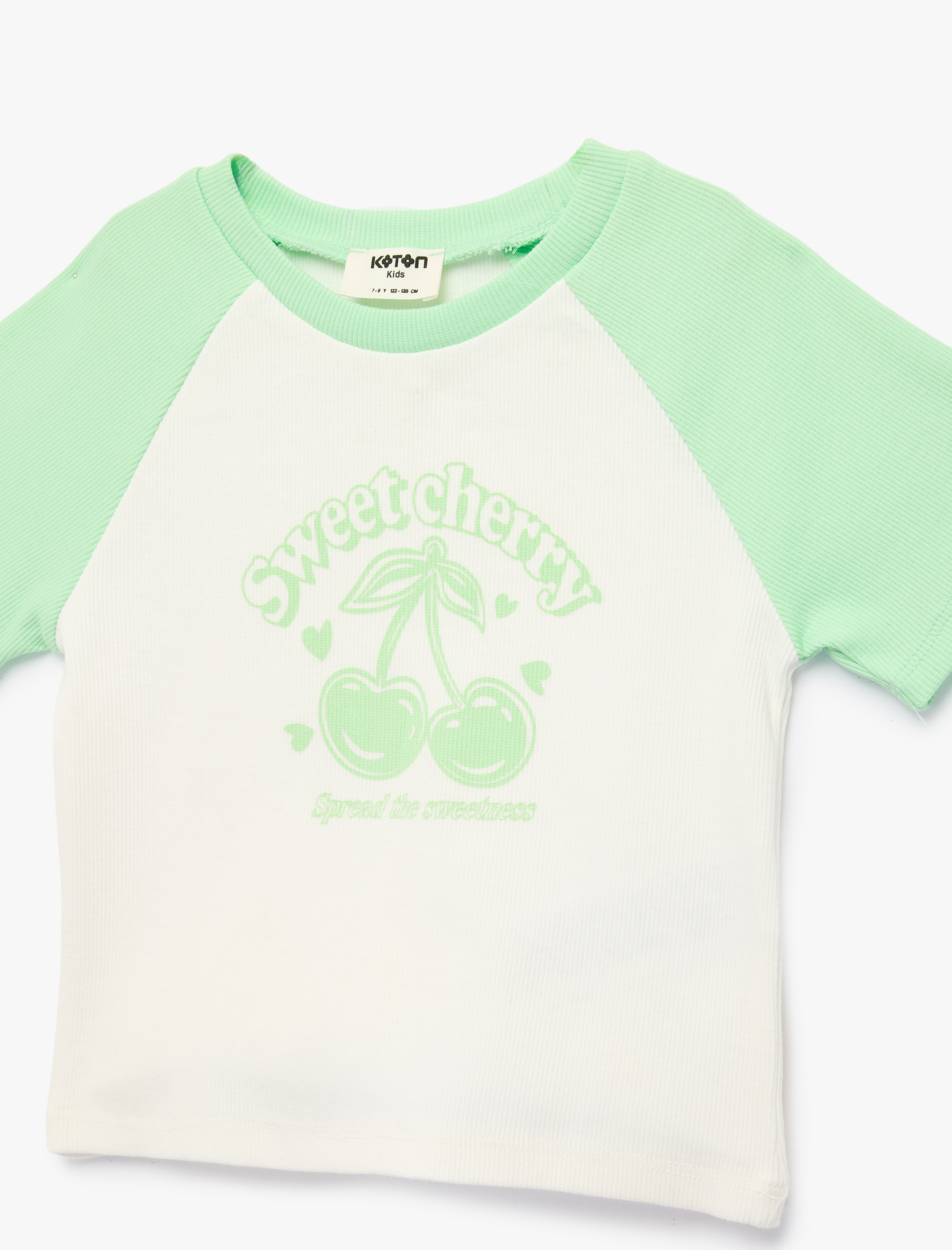  Kız Çocuk Pamuklu Kısa Kollu Bisiklet Yaka Kiraz Baskılı Tişört