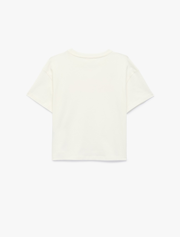 Kız Çocuk Pamuklu Baskılı Çiçek Aplikeli Kısa Kollu Bisiklet Yaka Tişört