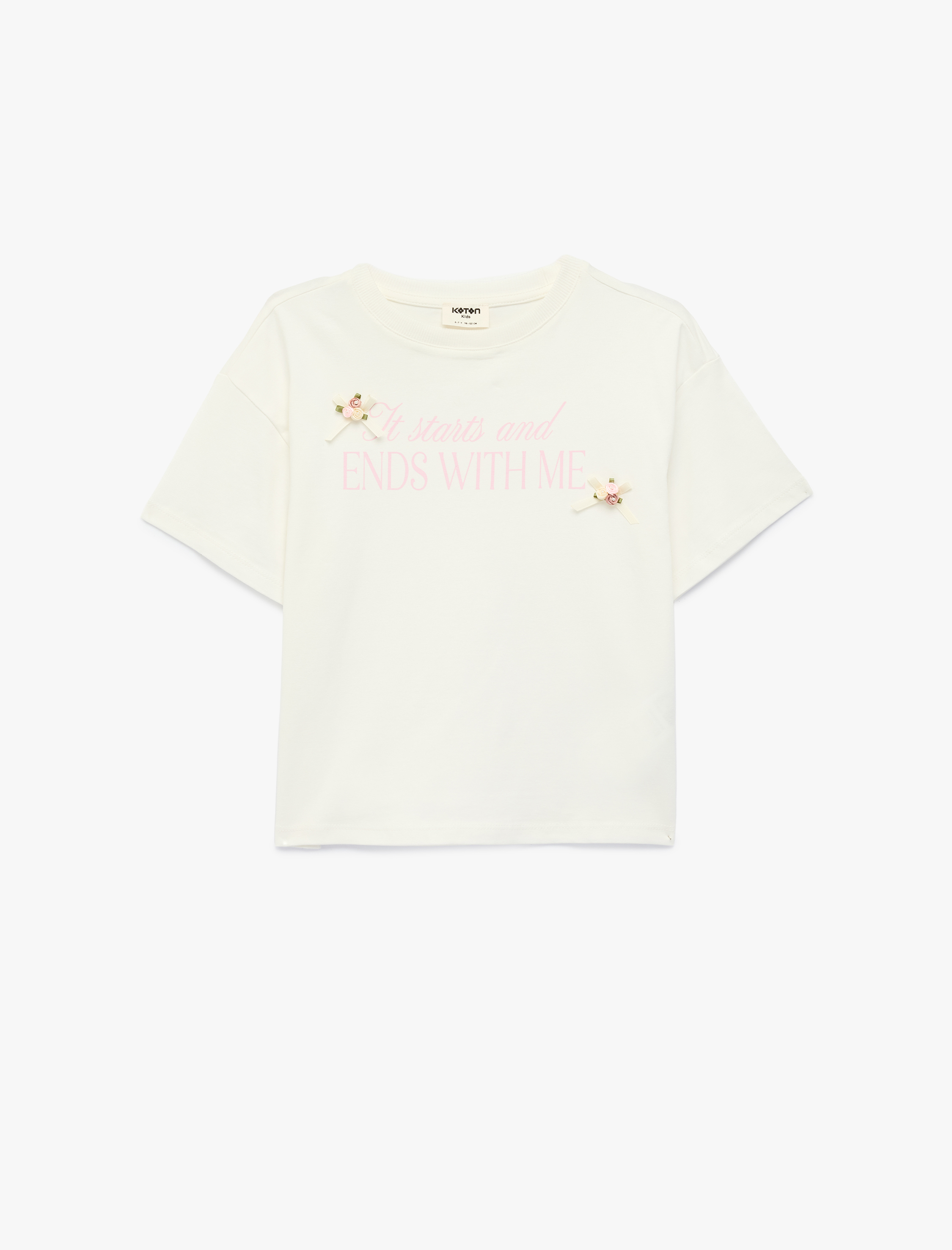  Kız Çocuk Pamuklu Baskılı Çiçek Aplikeli Kısa Kollu Bisiklet Yaka Tişört