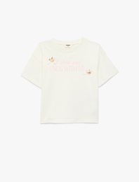 Pamuklu Baskılı Çiçek Aplikeli Kısa Kollu Bisiklet Yaka Tişört