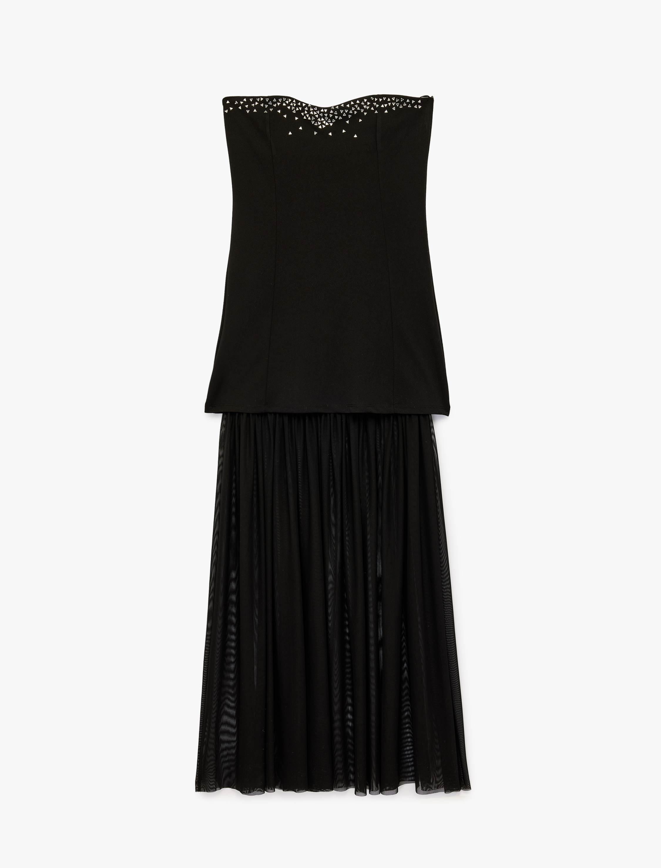   Scuba Kumaş Tül Detaylı Taşlı Straplez Elbise