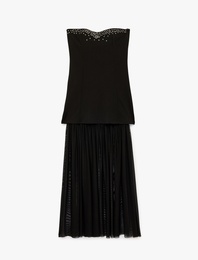 Scuba Kumaş Tül Detaylı Taşlı Straplez Elbise