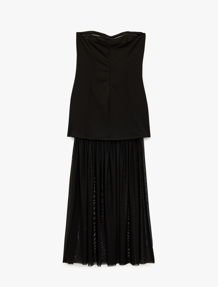  Scuba Kumaş Tül Detaylı Taşlı Straplez Elbise