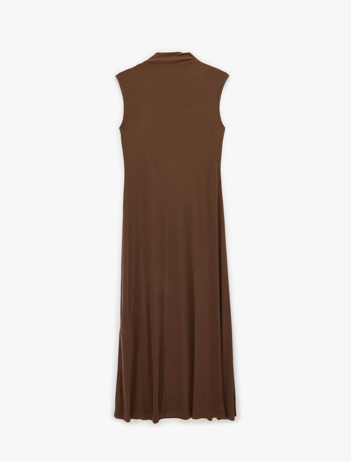  Kolsuz Dik Dökümlü Yaka Slim Fit Midi Modal Elbise
