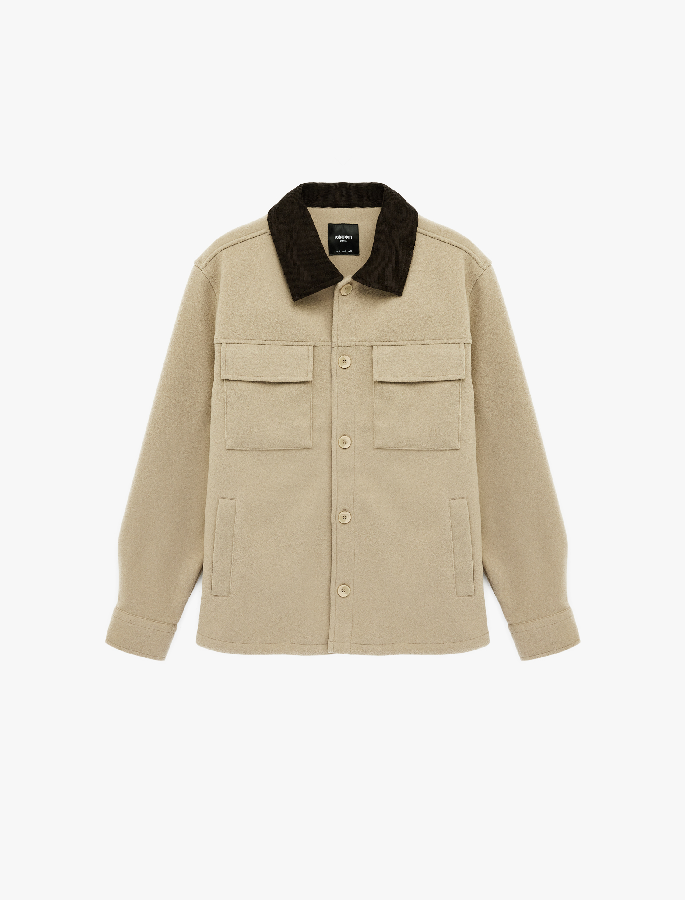   Uzun Kollu Cep Detaylı Renk Kontrastlı Gömlek Yaka Düğmeli Kaşe Ceket