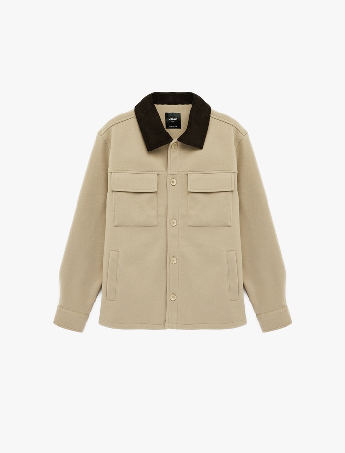  Uzun Kollu Cep Detaylı Renk Kontrastlı Gömlek Yaka Düğmeli Kaşe Ceket