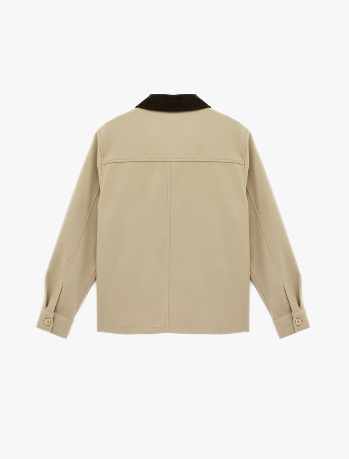  Uzun Kollu Cep Detaylı Renk Kontrastlı Gömlek Yaka Düğmeli Kaşe Ceket