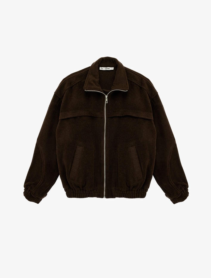  Uzun Kollu Cep Detaylı Fermuarlı Oversize Ceket