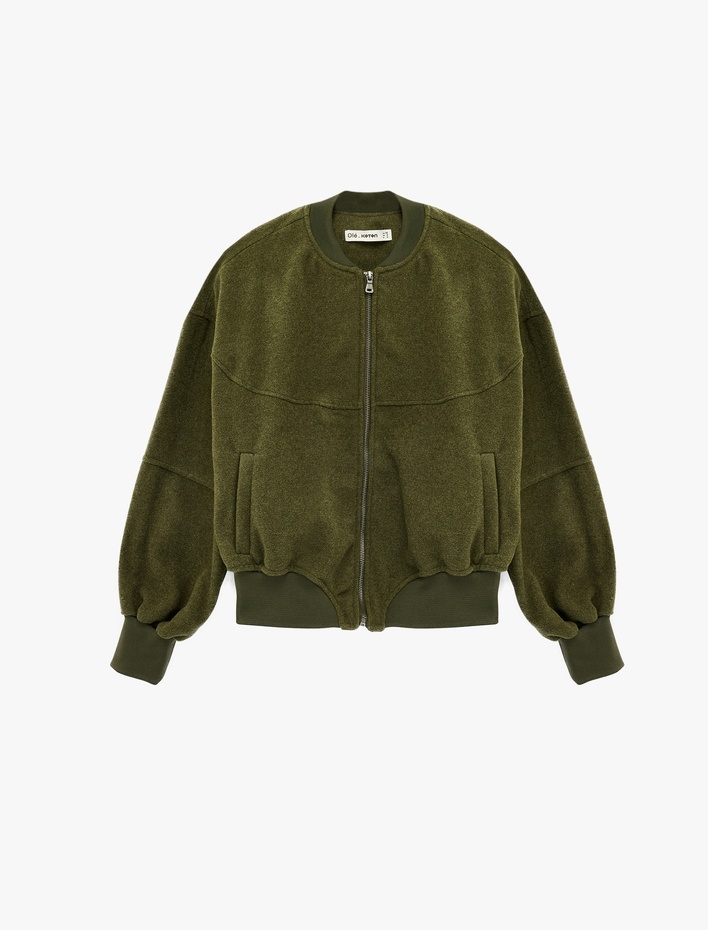  Cep Detaylı Koyun Yünü Karışımlı Fermuarlı Ribanalı Oversize Ceket