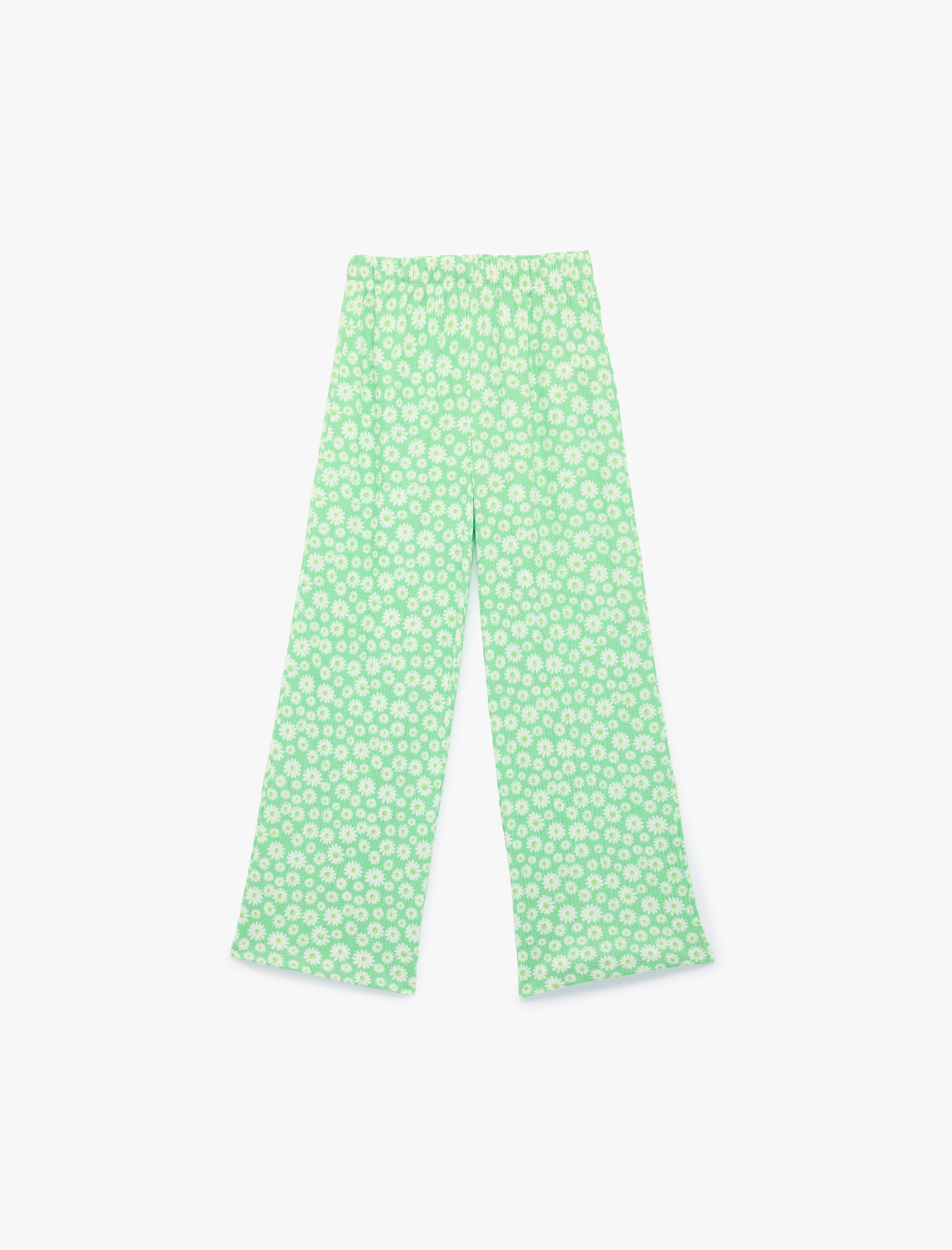  Kız Çocuk Beli Lastikli Çiçek Desenli Geniş Paça Pantolon