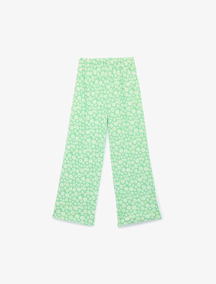 Kız Çocuk Beli Lastikli Çiçek Desenli Geniş Paça Pantolon