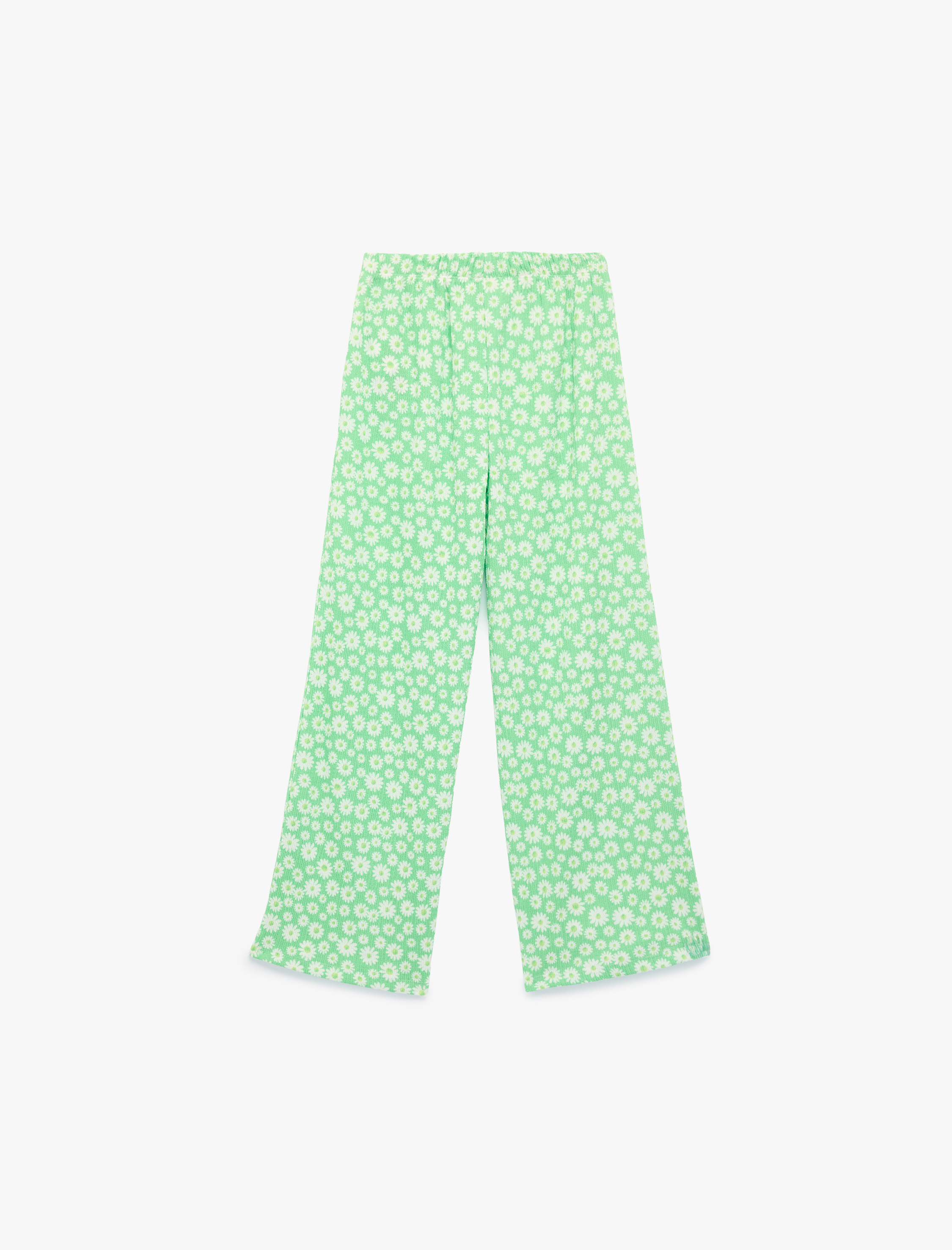  Kız Çocuk Beli Lastikli Çiçek Desenli Geniş Paça Pantolon