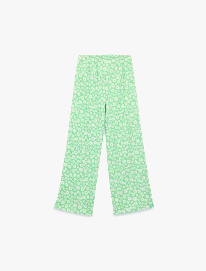 Kız Çocuk Beli Lastikli Çiçek Desenli Geniş Paça Pantolon