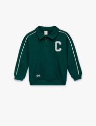 Uzun Kollu Kanguru Cepli Düğme Detaylı Oversize Polo Yaka Sweatshirt