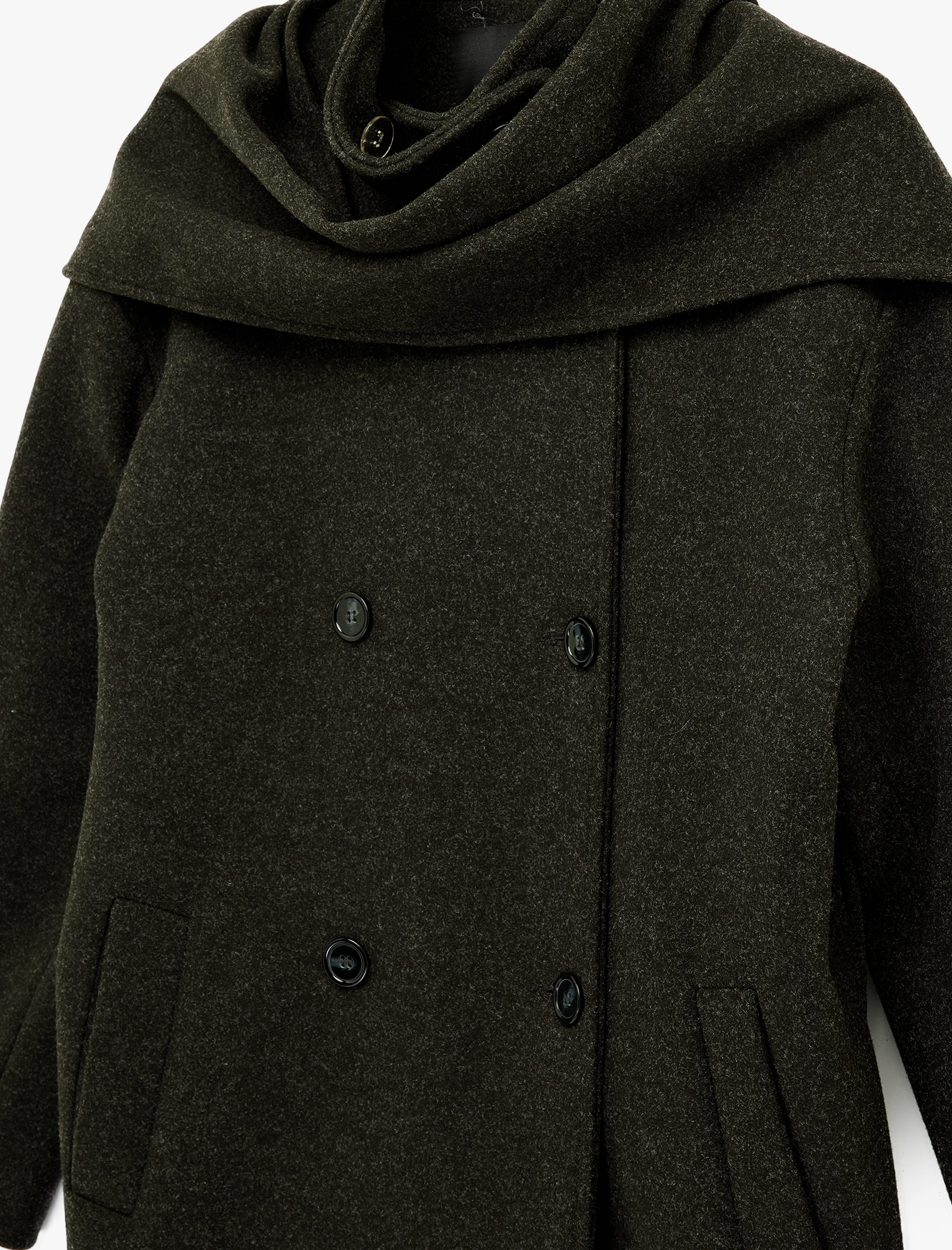   Düğmeli Cepli Uzun Kollu Şal Yaka Kruvaze Kaşe Kaban