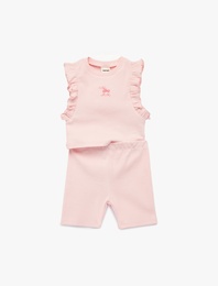 Fırfır Detaylı Nakışlı Pamuklu 2'li Tayt ve Tişört Seti