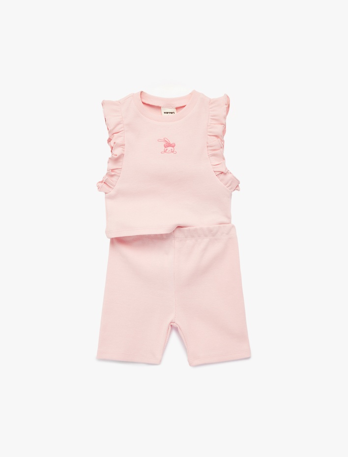 Kız Bebek Fırfır Detaylı Nakışlı Pamuklu 2'li Tayt ve Tişört Seti