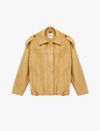 Apolet Detaylı Cepli Fermuarlı Uzun Kollu Oversize Suni Süet Ceket