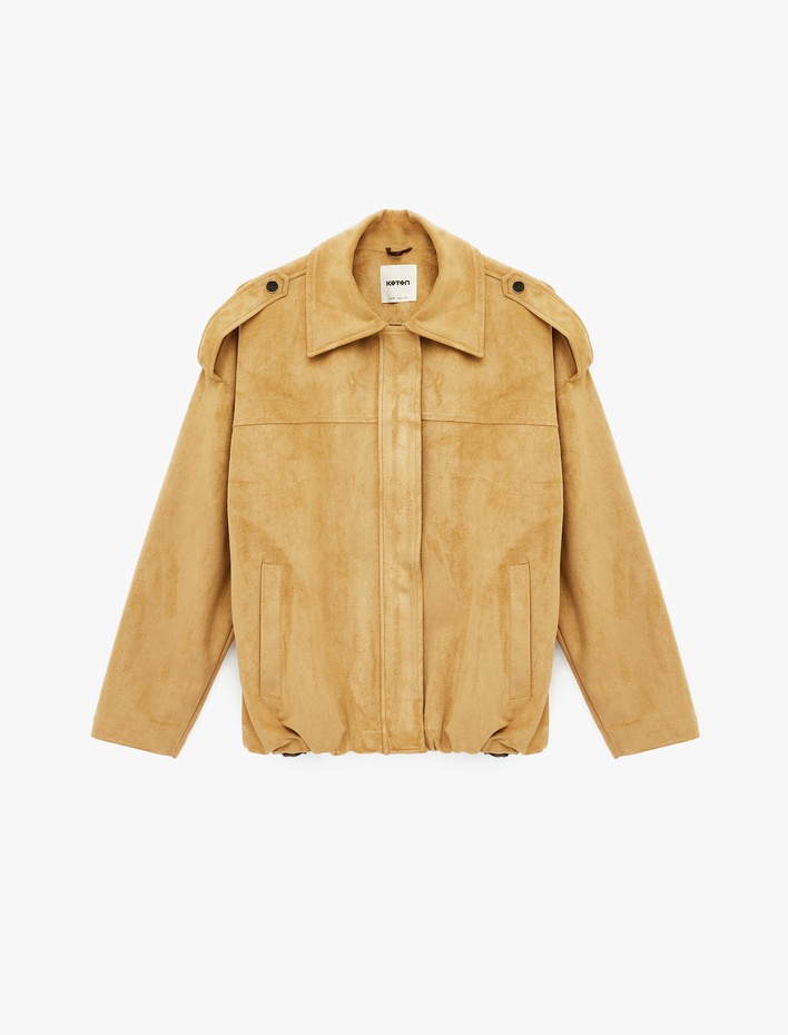  Apolet Detaylı Cepli Fermuarlı Uzun Kollu Oversize Suni Süet Ceket