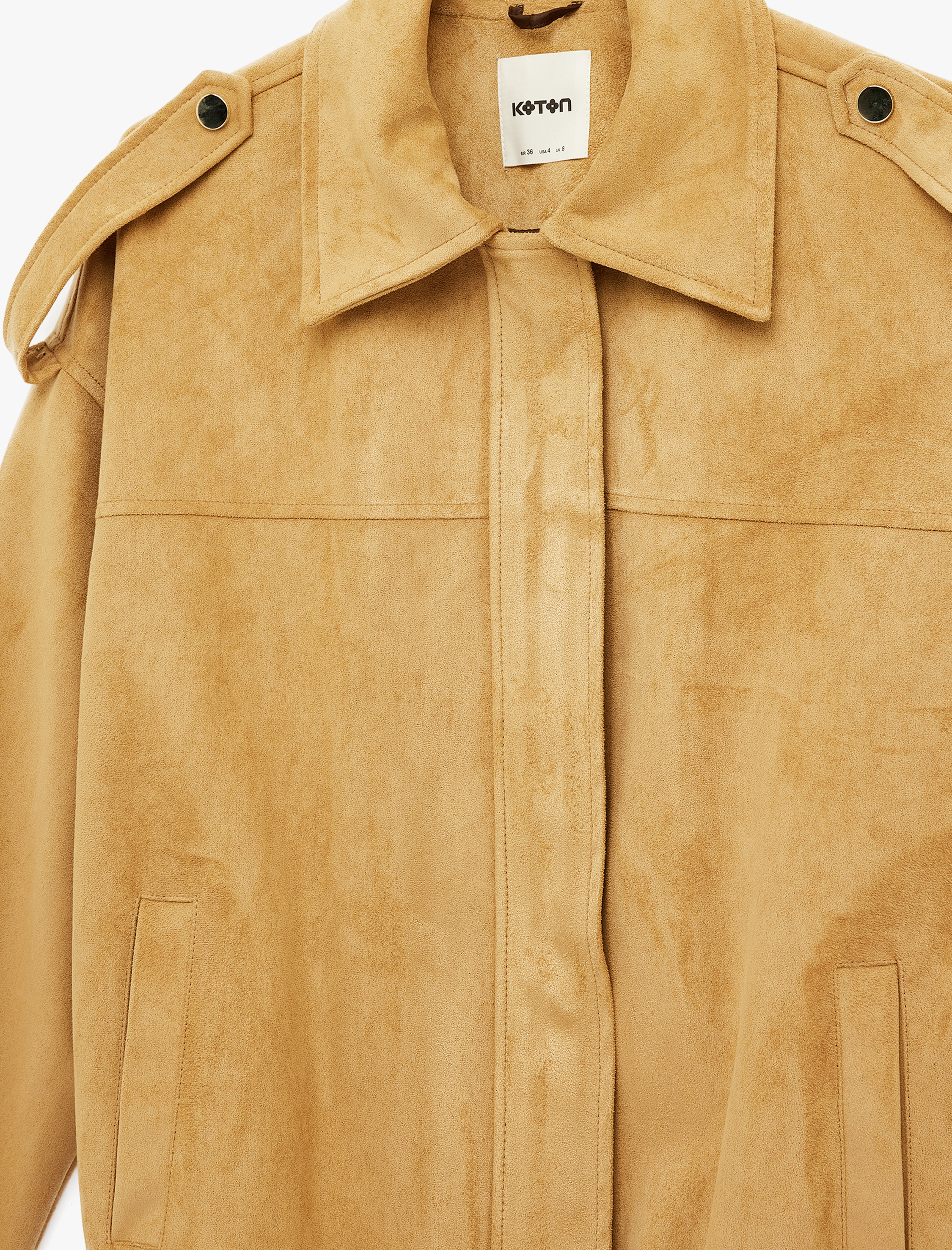   Apolet Detaylı Cepli Fermuarlı Uzun Kollu Oversize Suni Süet Ceket