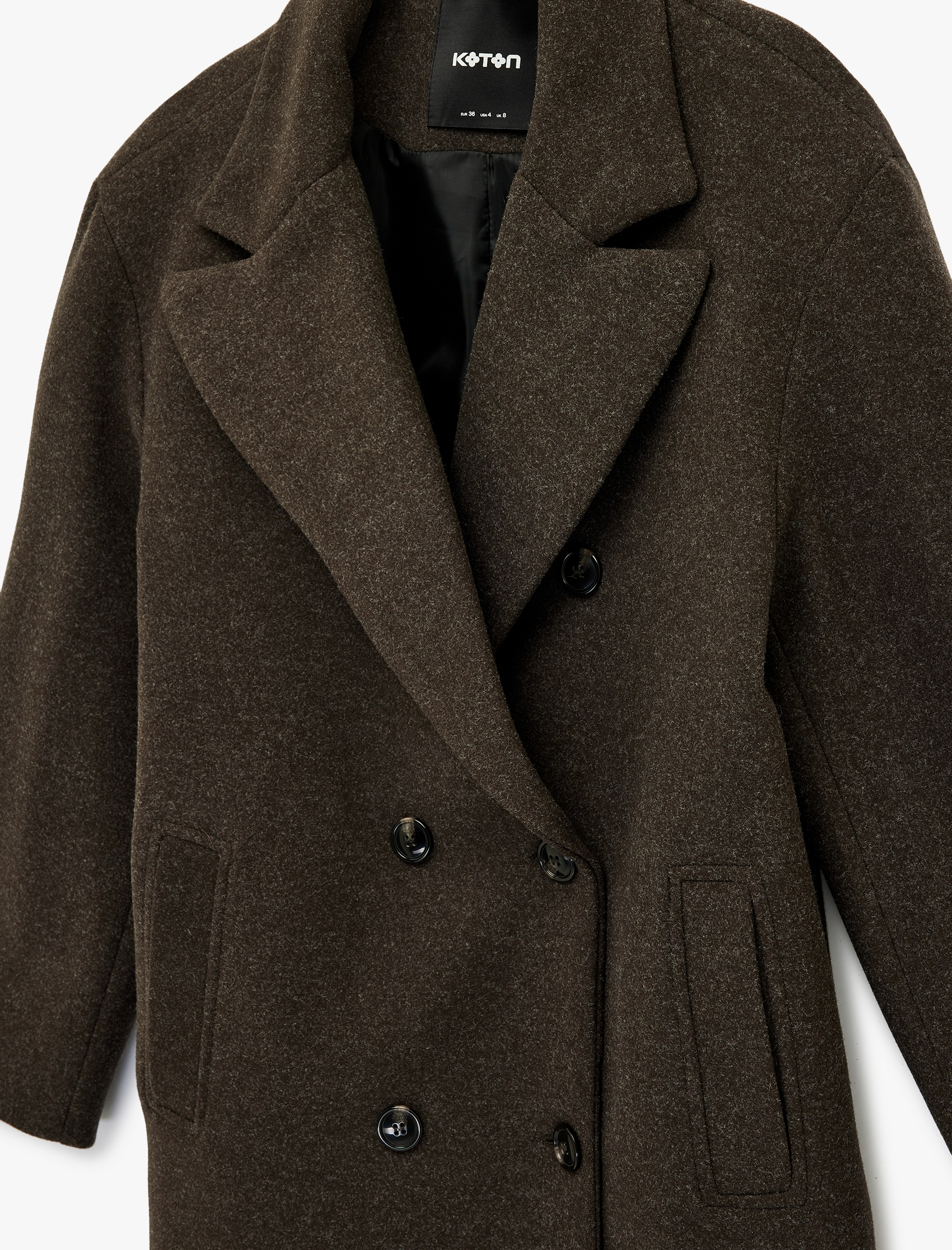   Uzun Kollu Cepli Düğmeli Kruvaze Kaşe Kaban