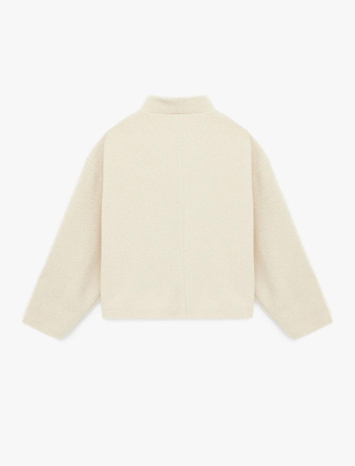  Cepli Düğmeli Uzun Kollu Dik Yaka Oversize Peluş Mont