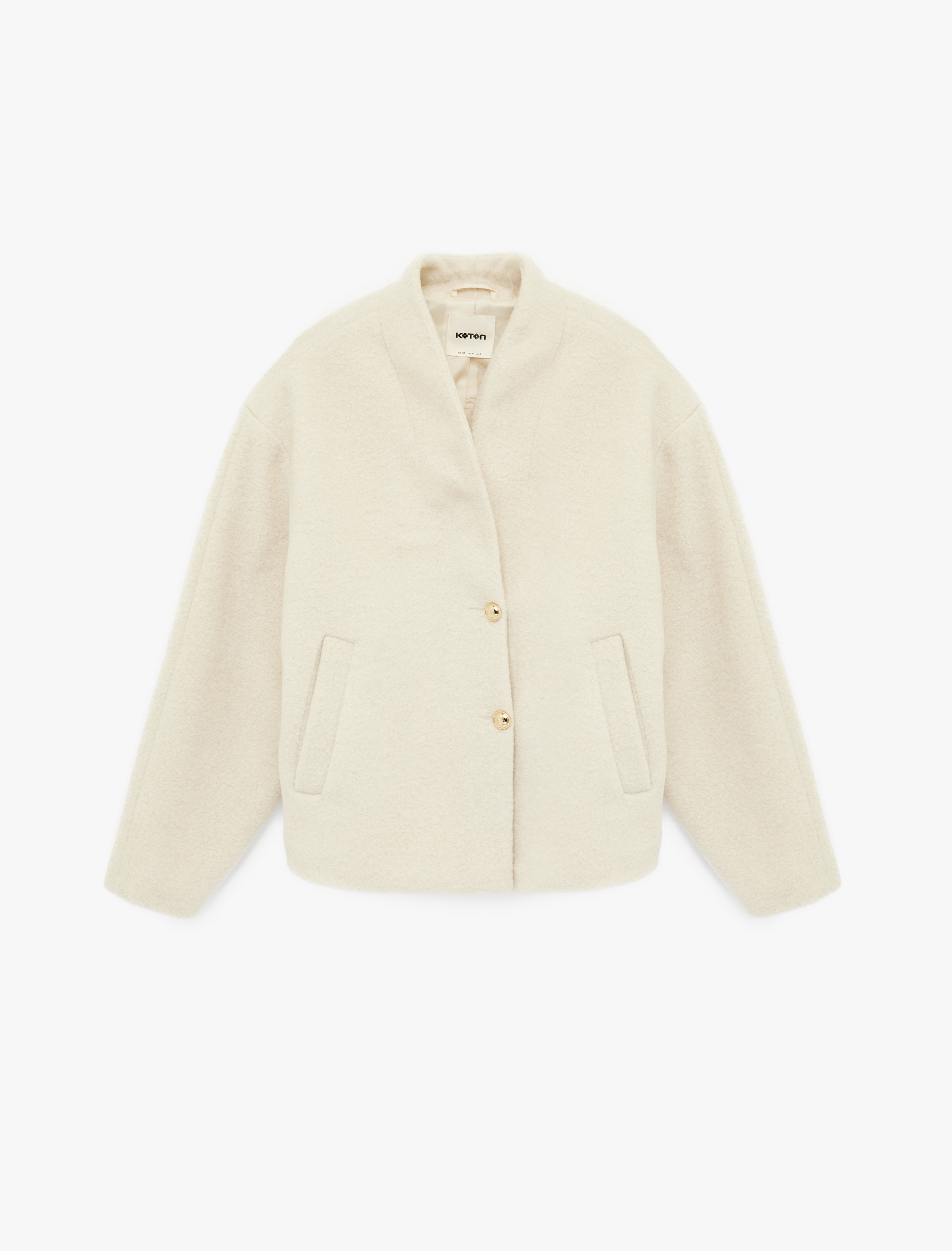   Cepli Düğmeli Uzun Kollu Dik Yaka Oversize Peluş Mont