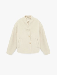 Cepli Düğmeli Uzun Kollu Dik Yaka Oversize Peluş Mont