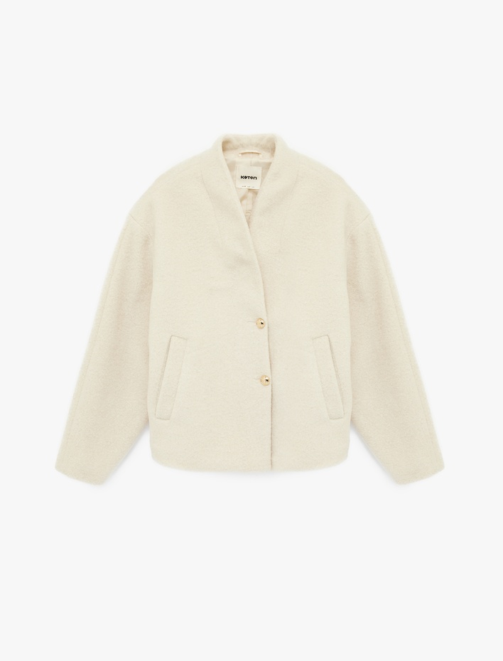  Cepli Düğmeli Uzun Kollu Dik Yaka Oversize Peluş Mont