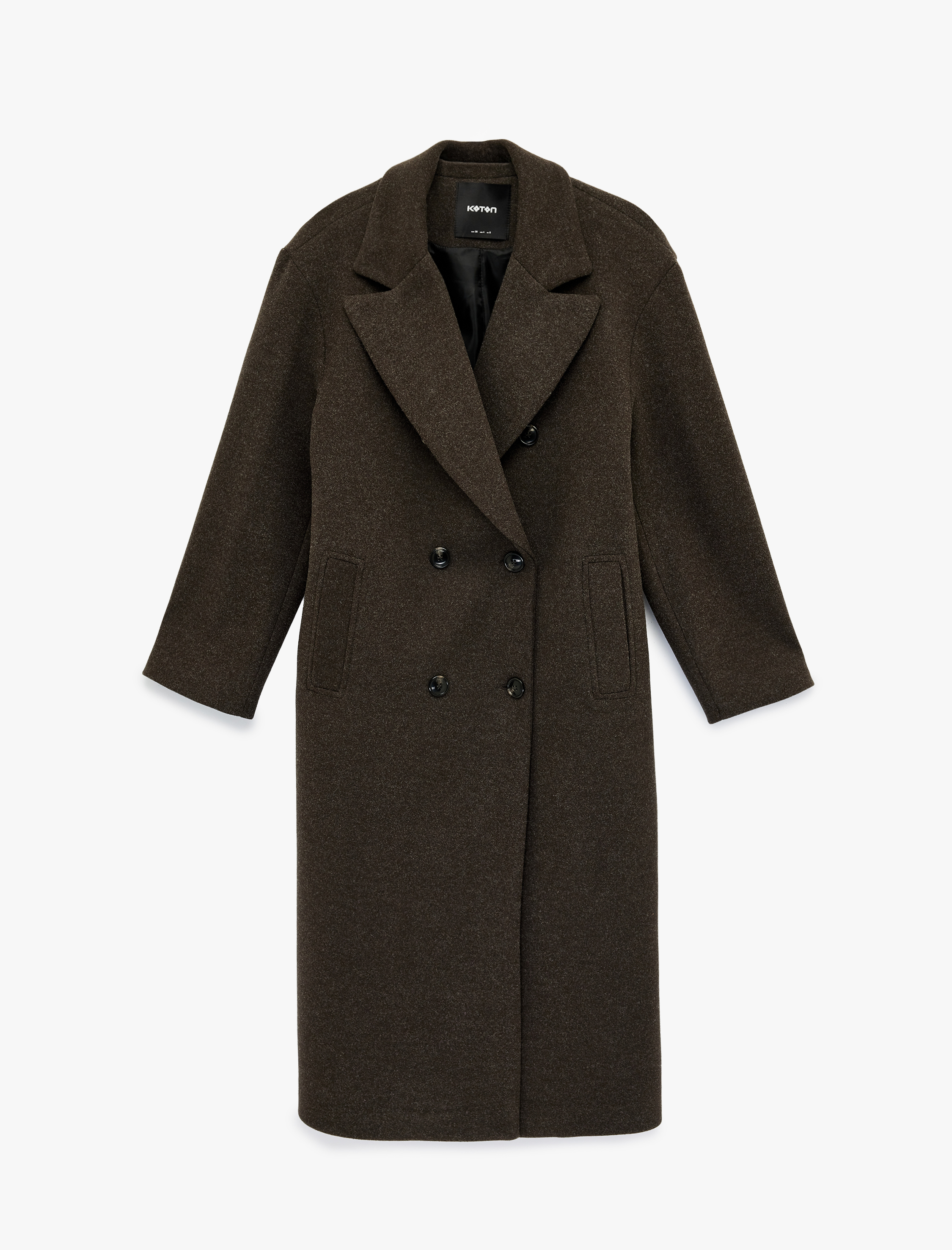   Uzun Kollu Cepli Düğmeli Kruvaze Kaşe Kaban