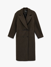 Uzun Kollu Cepli Düğmeli Kruvaze Kaşe Kaban