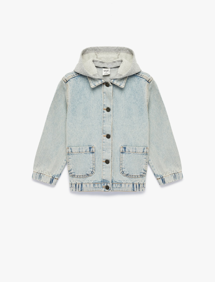Mavi Erkek Çocuk Uzun Kollu Cepli Pamuklu Oversize Kapşonlu Denim