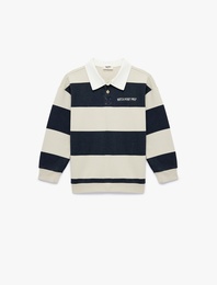 Uzun Kollu Düğmeli Çizgili Polo Yaka Sweatshirt