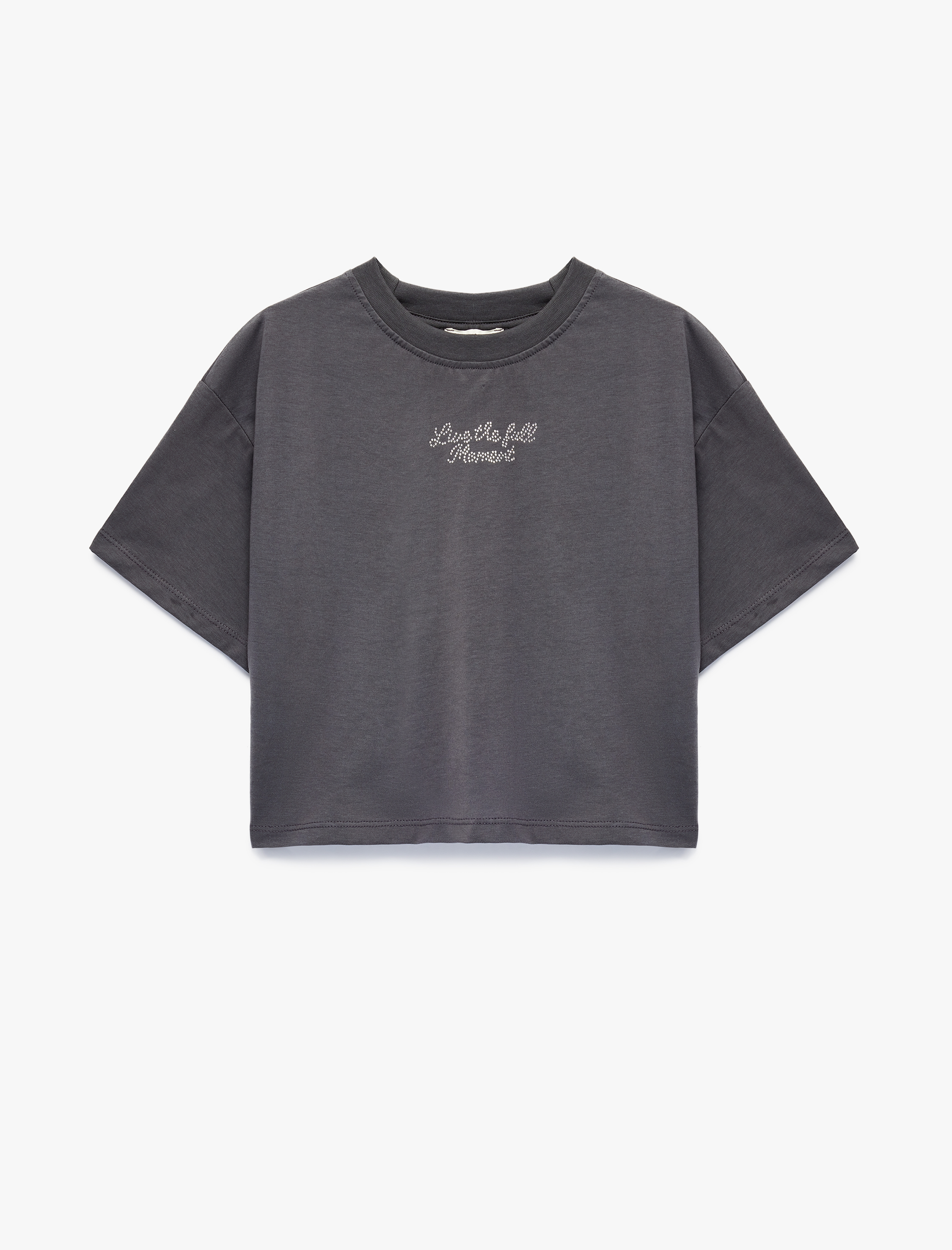  Kız Çocuk Pamuklu Bisiklet Yaka Kısa Kollu Taş Detaylı Baskılı Tişört