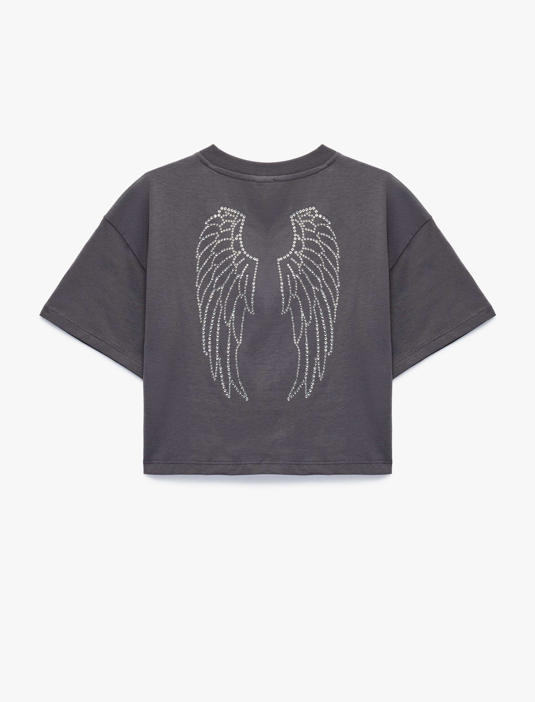  Kız Çocuk Pamuklu Bisiklet Yaka Kısa Kollu Taş Detaylı Baskılı Tişört