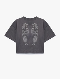 Pamuklu Bisiklet Yaka Kısa Kollu Taş Detaylı Baskılı Tişört