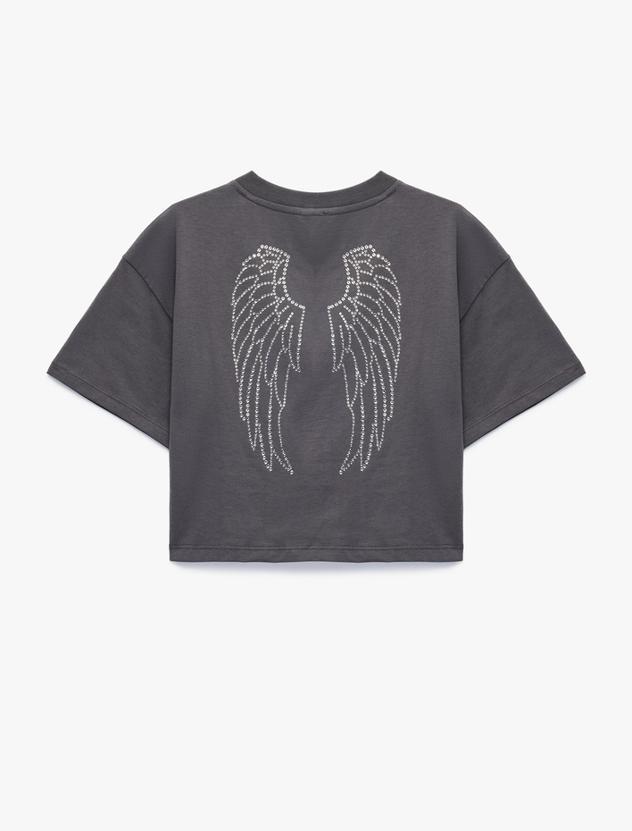 Kız Çocuk Pamuklu Bisiklet Yaka Kısa Kollu Taş Detaylı Baskılı Tişört