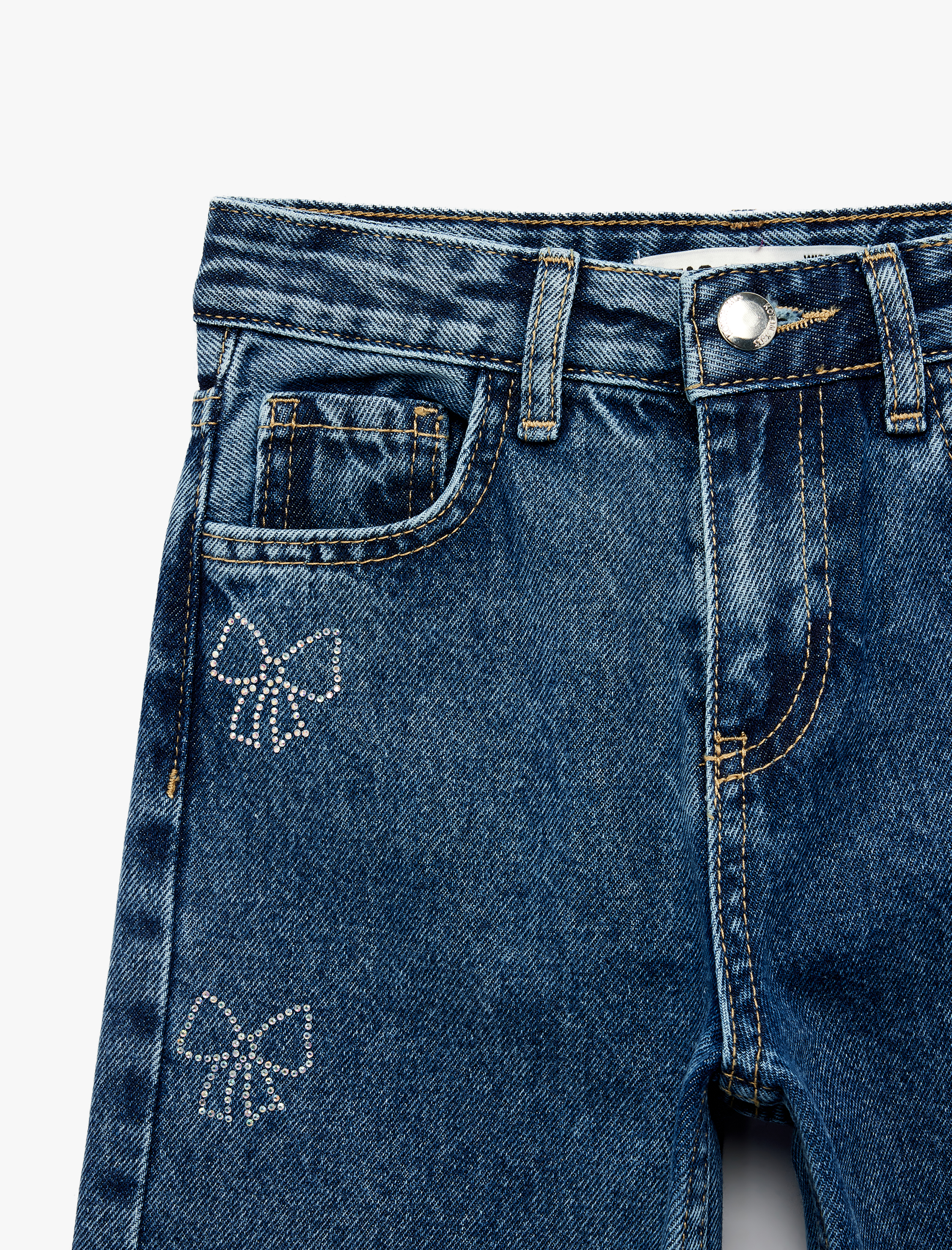  Kız Çocuk Pamuklu Cepli Fiyonklu Geniş Paça Denim Pantolon