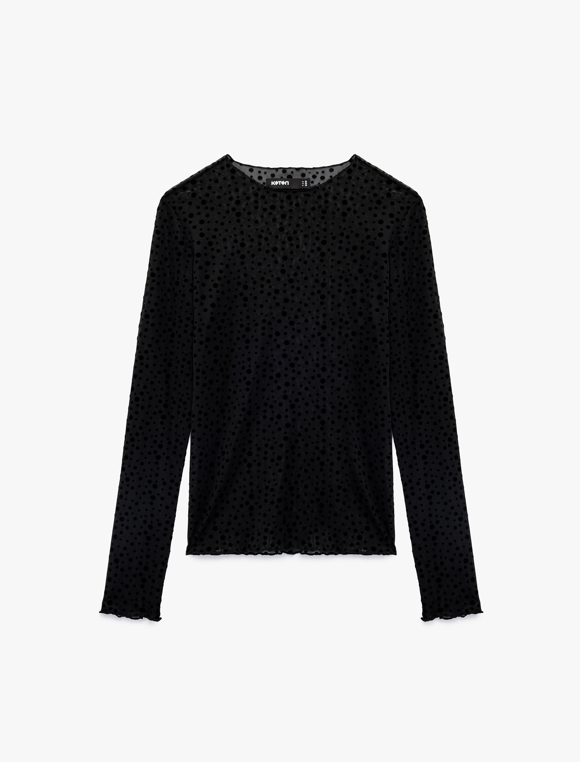   Uzun Kollu Yuvarlak Yaka Puantiyeli Transparan Tül Tişört