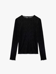 Uzun Kollu Yuvarlak Yaka Puantiyeli Transparan Tül Tişört