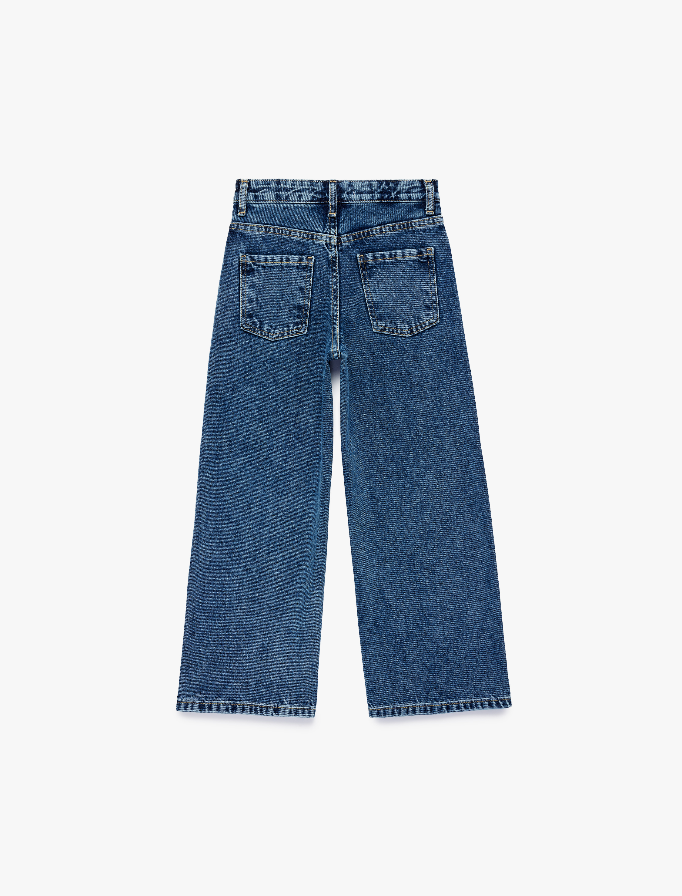  Kız Çocuk Pamuklu Cepli Fiyonklu Geniş Paça Denim Pantolon