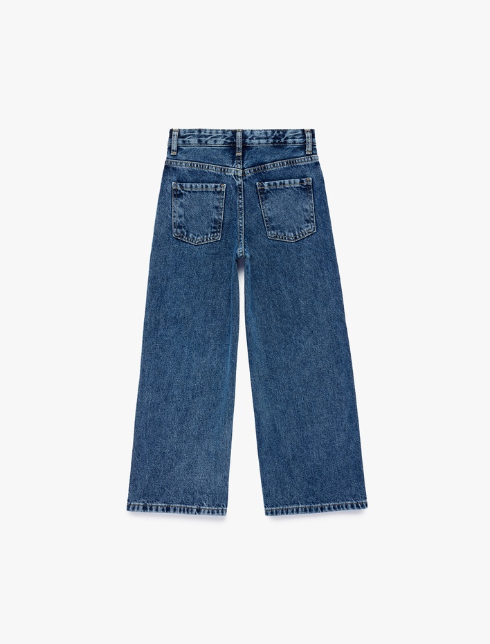 Kız Çocuk Pamuklu Cepli Fiyonklu Geniş Paça Denim Pantolon