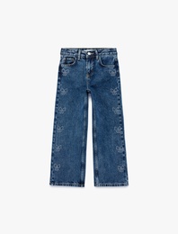 Pamuklu Cepli Fiyonklu Geniş Paça Denim Pantolon