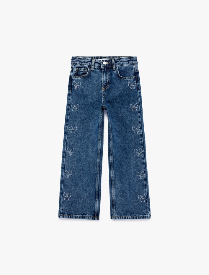 Kız Çocuk Pamuklu Cepli Fiyonklu Geniş Paça Denim Pantolon