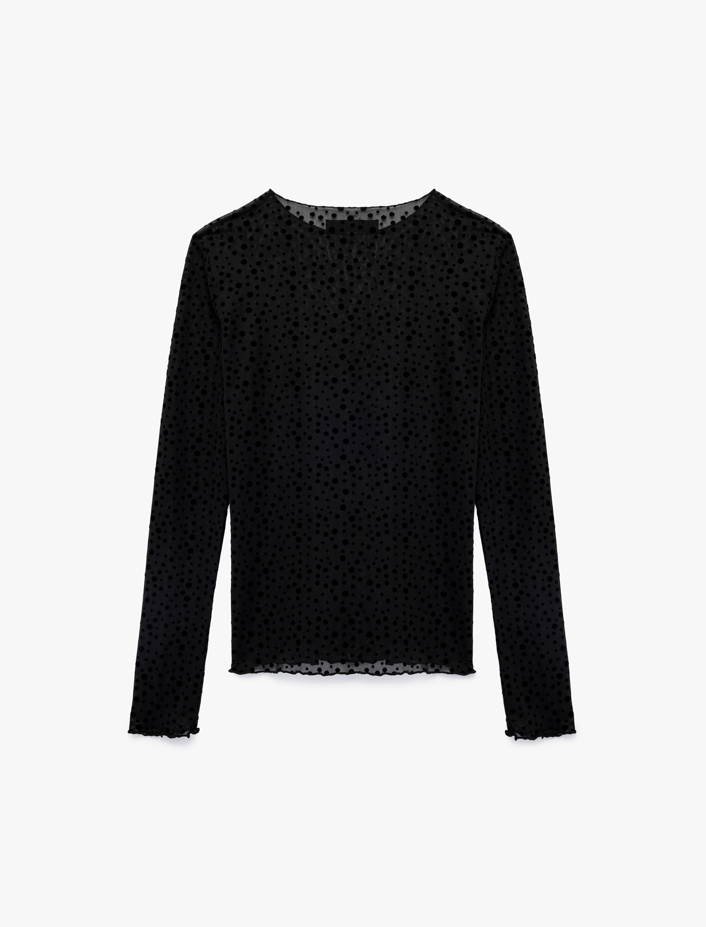   Uzun Kollu Yuvarlak Yaka Puantiyeli Transparan Tül Tişört