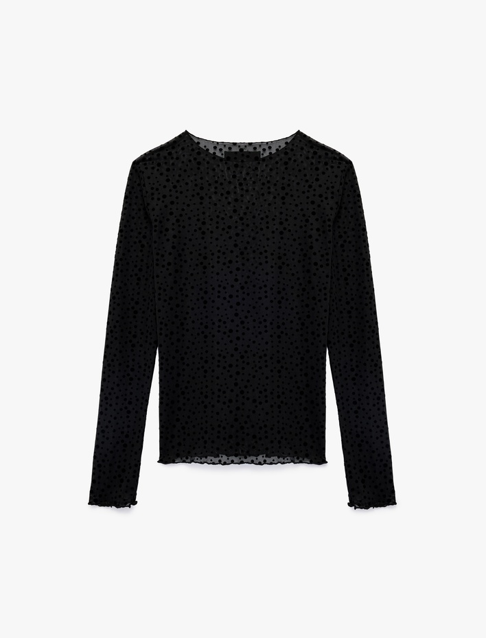  Uzun Kollu Yuvarlak Yaka Puantiyeli Transparan Tül Tişört