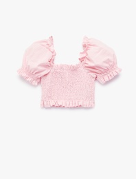 Pamuklu Fırfırlı Kare Yaka Gipeli Balon Kollu Crop Bluz