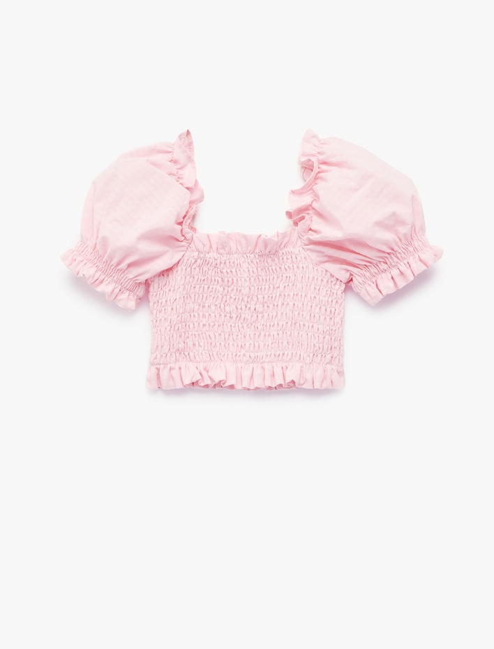 Kız Bebek Pamuklu Fırfırlı Kare Yaka Gipeli Balon Kollu Crop Bluz
