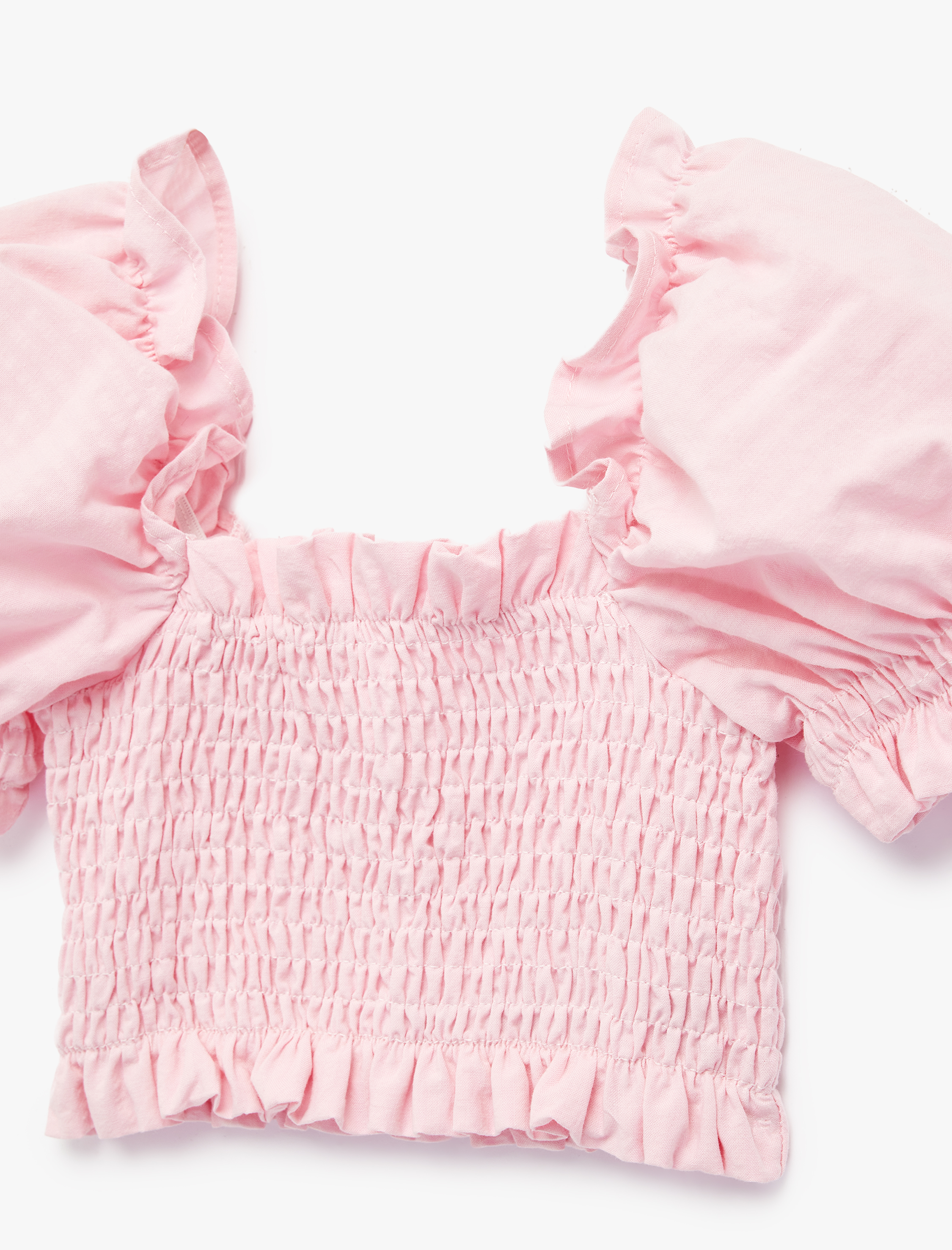  Kız Bebek Pamuklu Fırfırlı Kare Yaka Gipeli Balon Kollu Crop Bluz